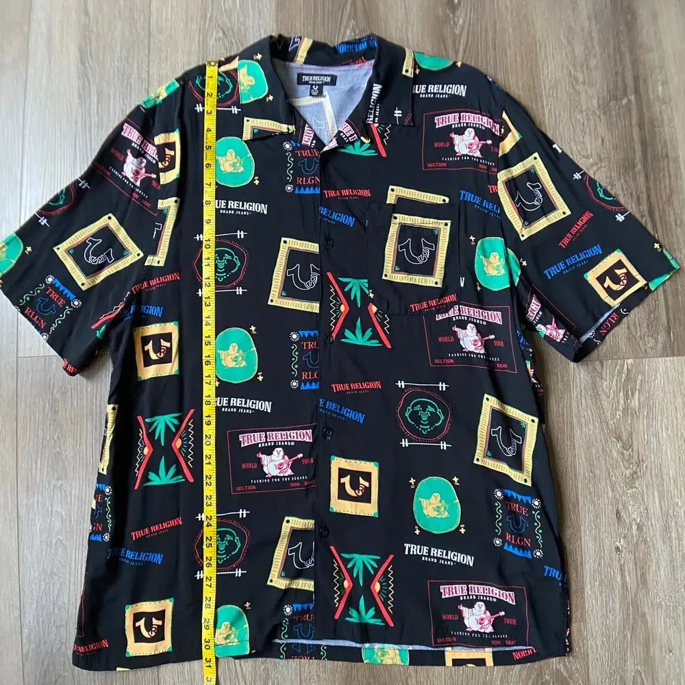True Religion Resort Print Camp Collar Button Up Shirt Black